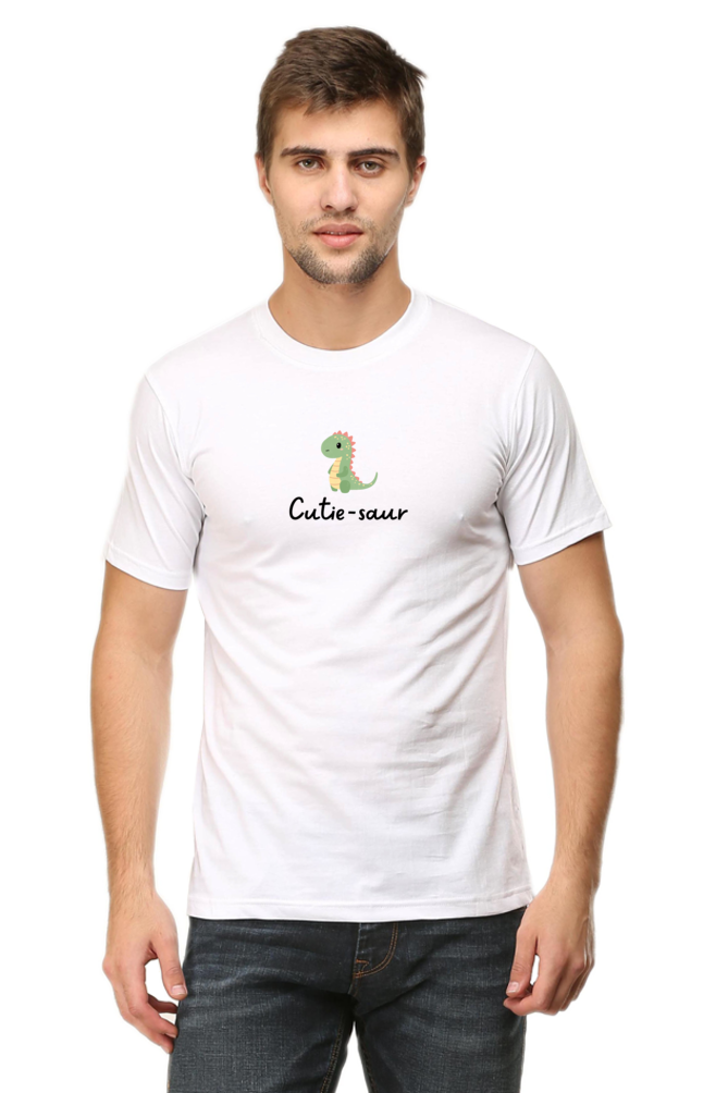 cute white tshirt with text 'cutie-saur' in black along with a cute little dinosaur