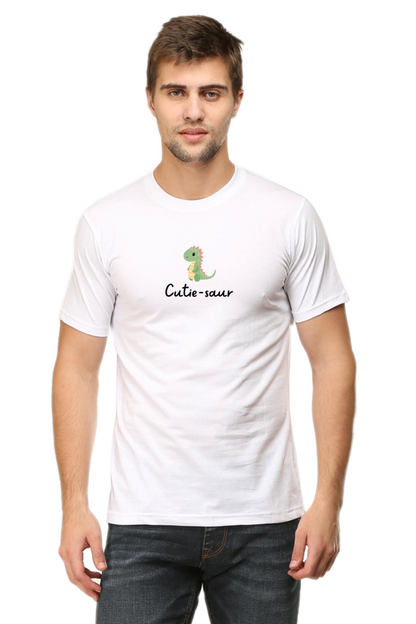 cute white tshirt with text 'cutie-saur' in black along with a cute little dinosaur