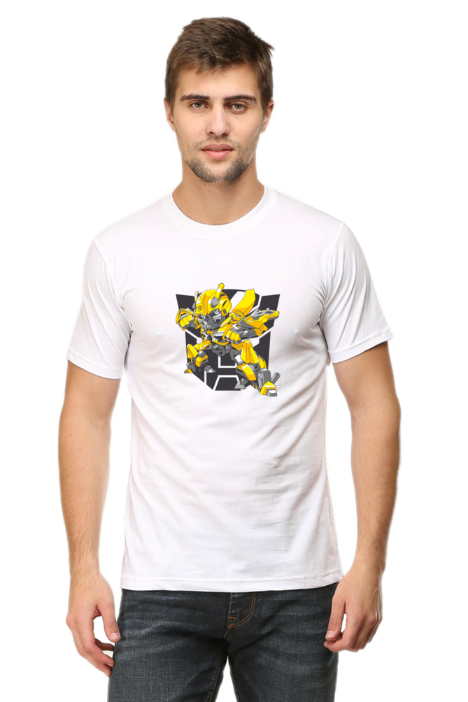 white tshirt with transformer bumble bee design