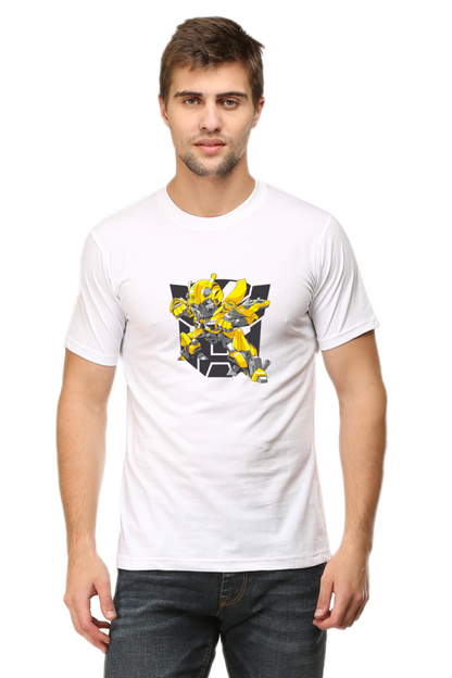 white tshirt with transformer bumble bee design