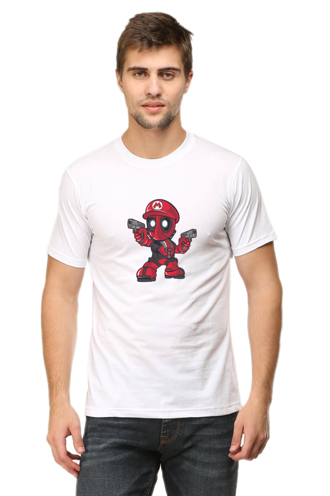 white tshirt with cute little deadpool with guns in hand