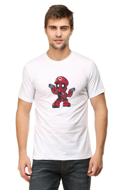 white tshirt with cute little deadpool with guns in hand