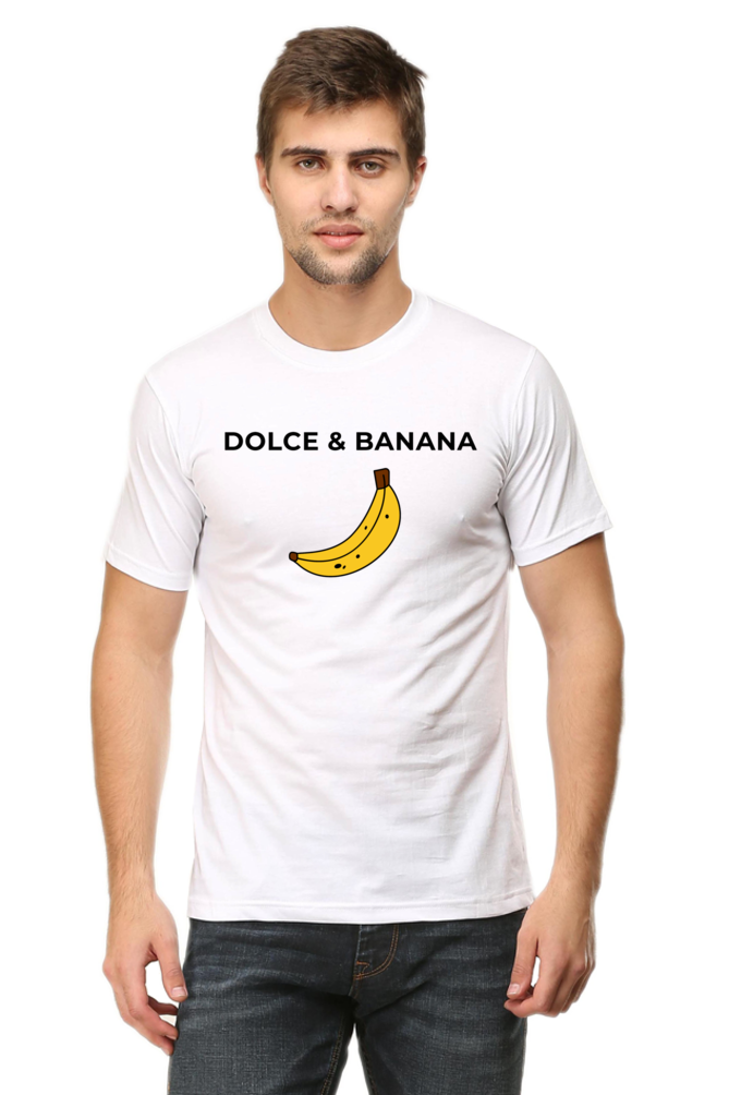 funny white tshirt with text 'dolce and banana' in black with banana image