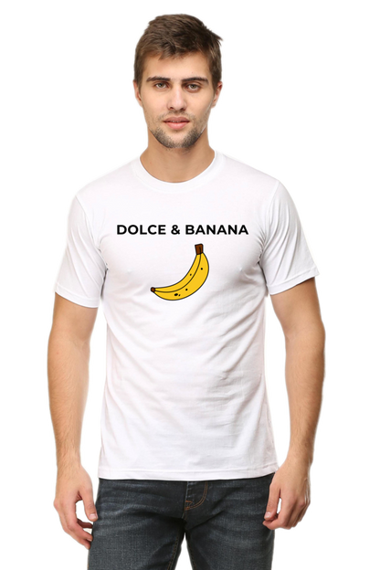 funny white tshirt with text 'dolce and banana' in black with banana image