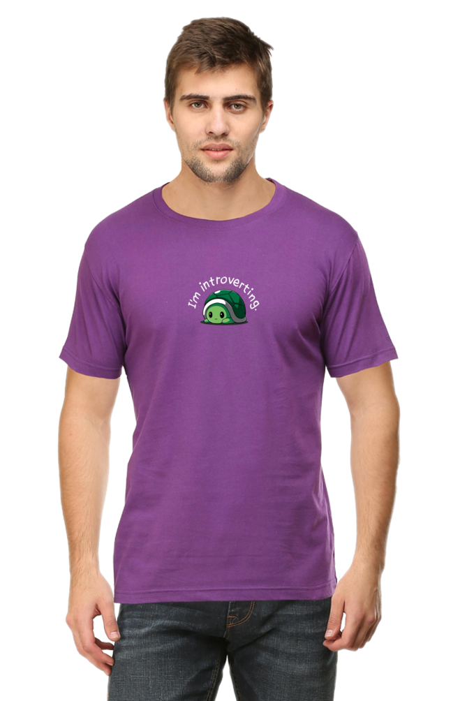 cute unisex purple tshirt with text 'im introverting' in white and cute turtle image