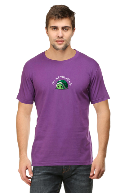 cute unisex purple tshirt with text 'im introverting' in white and cute turtle image