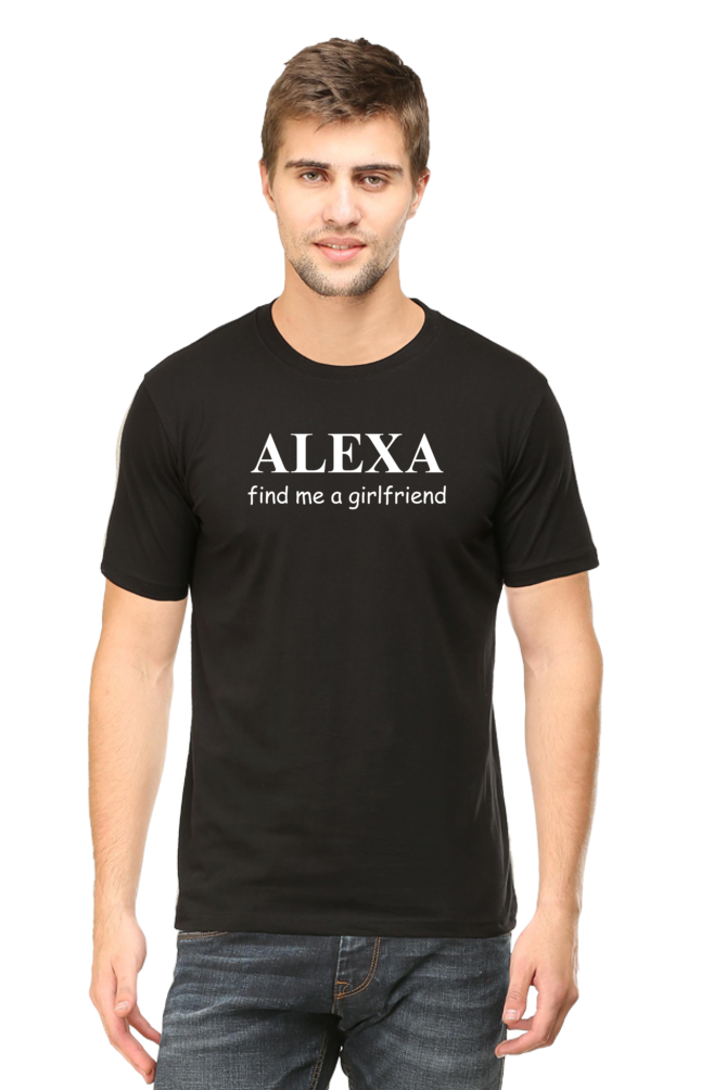 black funny unisex tshirt with text 'alexa find me a girlfriend' in white letters