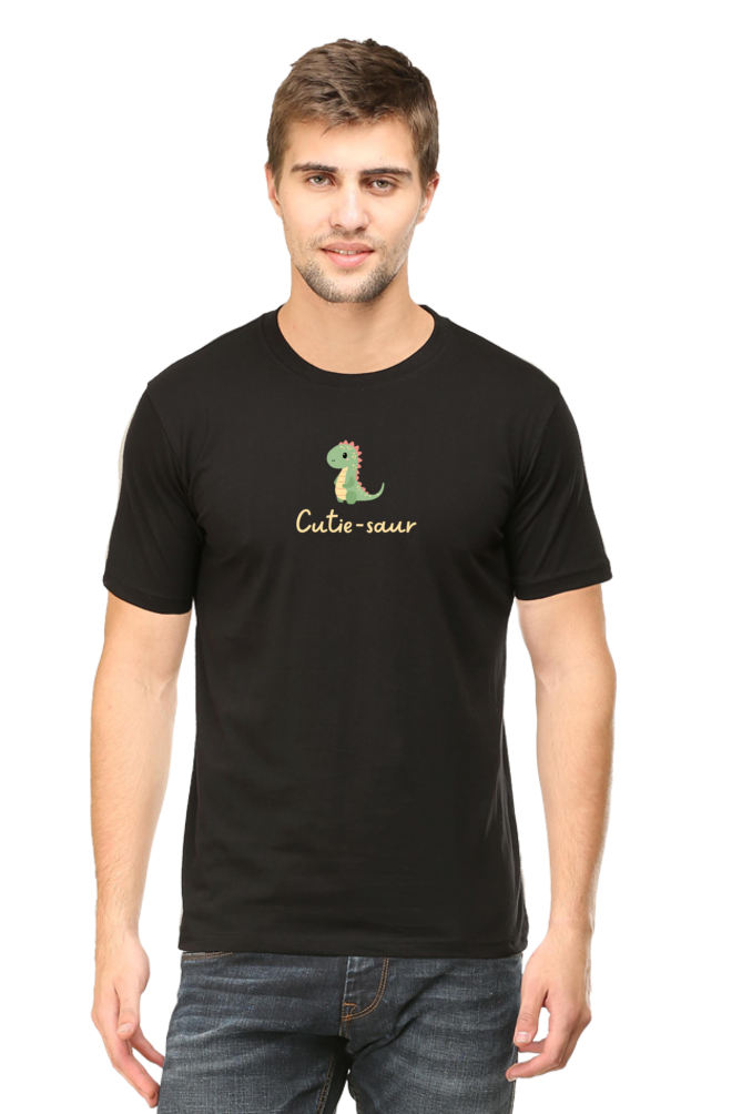 black cute shirt with text 'cutie-saur' written and an image of cute dinosaur