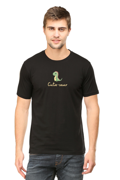 black cute shirt with text 'cutie-saur' written and an image of cute dinosaur