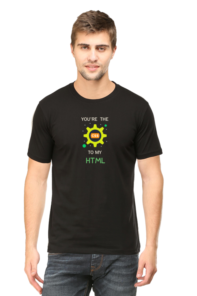 black unisex tshirt for coding lovers with text 'you're the css to my html' written on the front