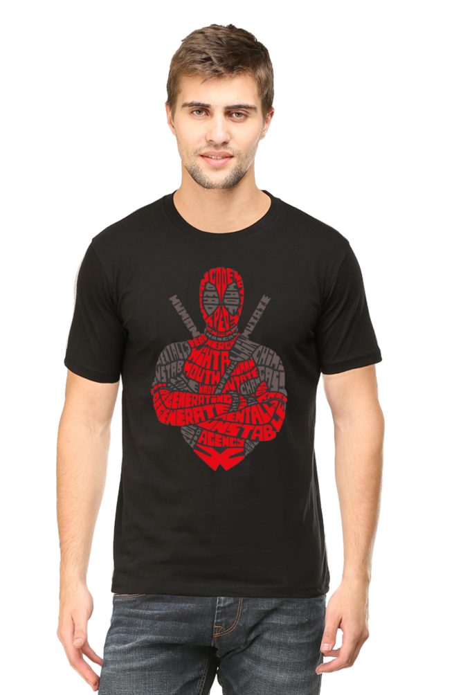 black tshirt with deadpool image on the front