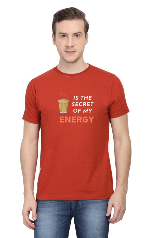 cute red unisex tshirt with text 'chai is the secret of my energy' in white and orange with image of chai glass