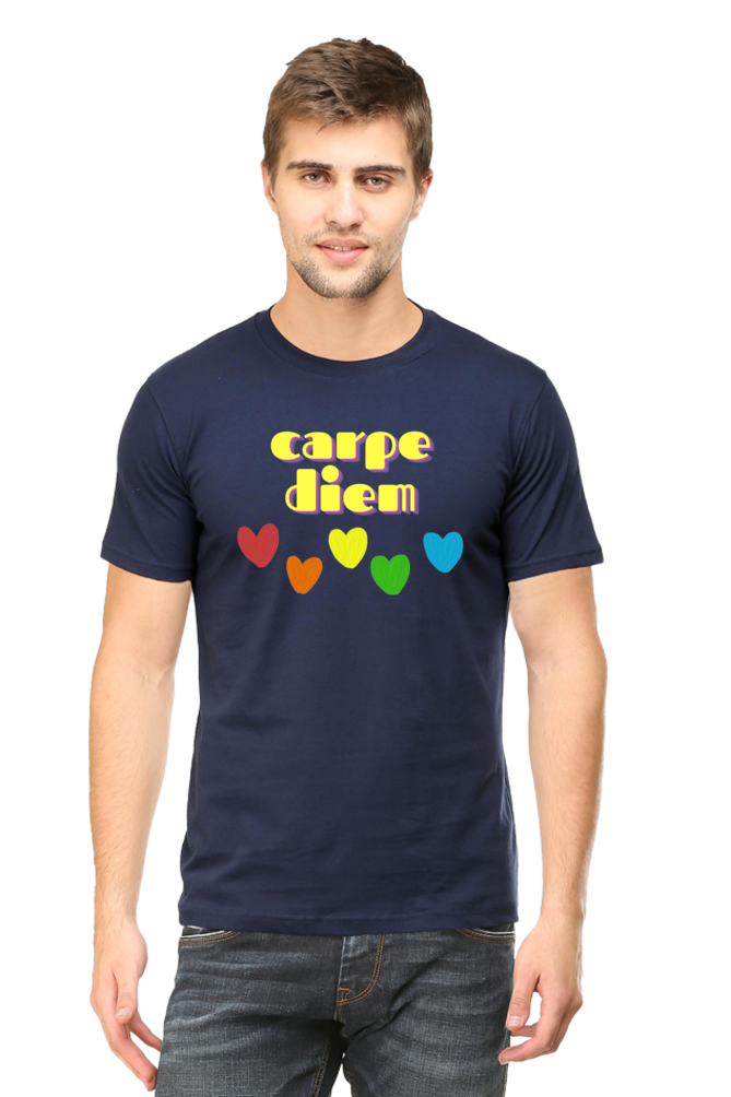 navy blue tshirt with quote 'carpe diem' written in yellow