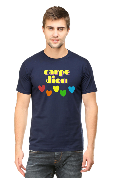 navy blue tshirt with quote 'carpe diem' written in yellow