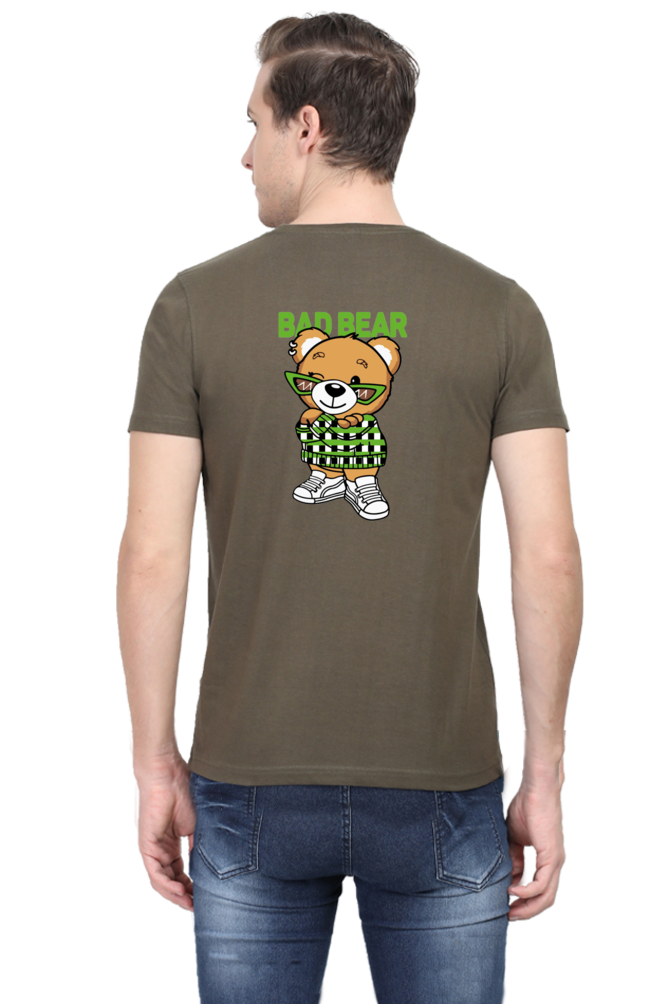 olive green tshirt with a design of bear with bad bear written at the back of the tshirt