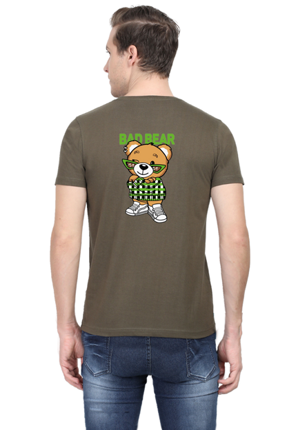 olive green tshirt with a design of bear with bad bear written at the back of the tshirt