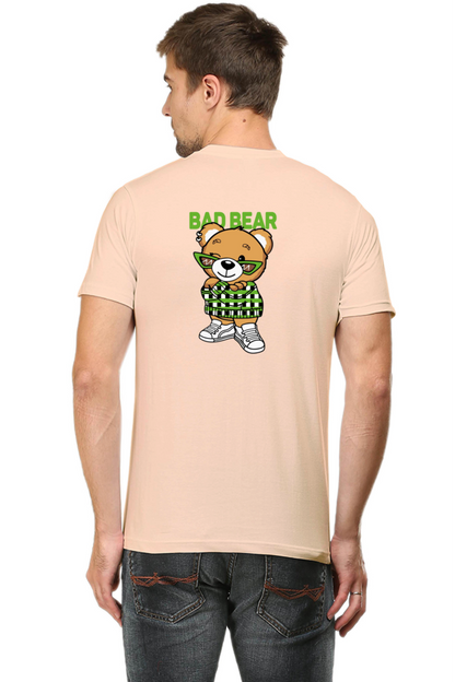 peach tshirt with a design of bear with bad bear written at the back of the tshirt