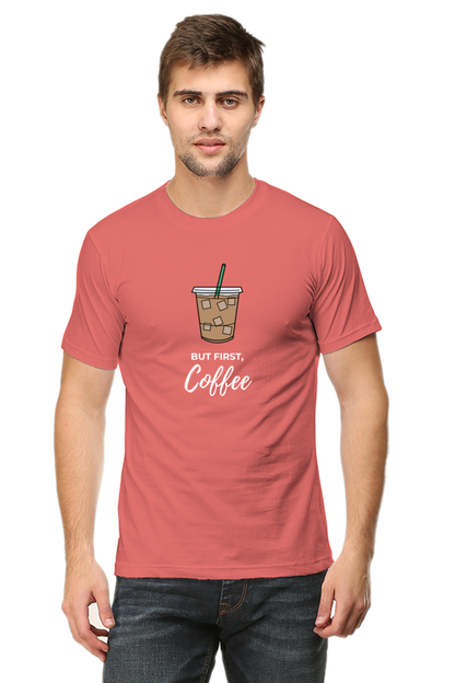 cute coral tshirt for coffee lovers with text 'but first coffee' written in white