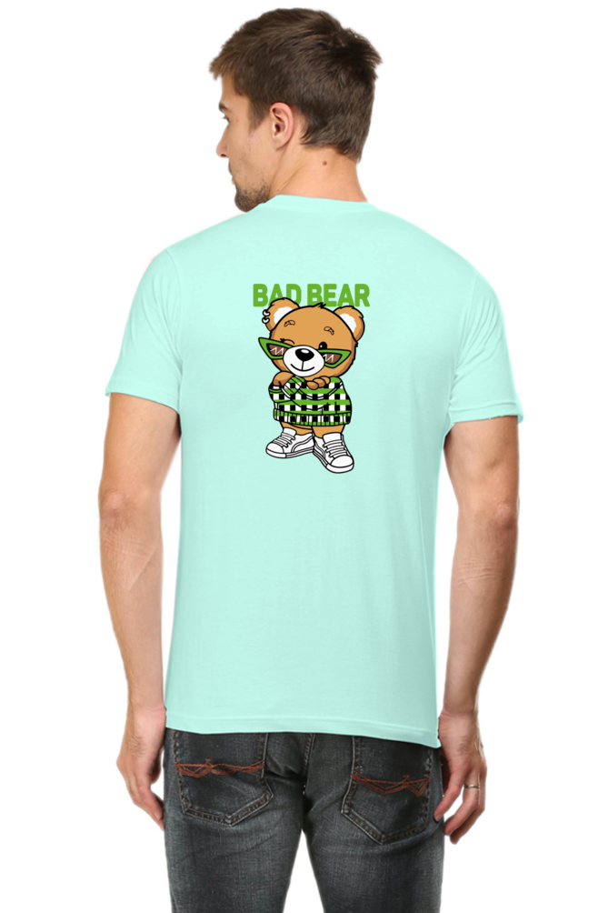 mint tshirt with a design of bear with bad bear written at the back of the tshirt