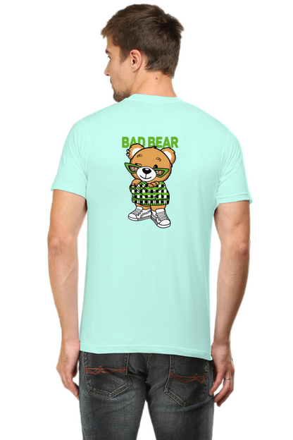 mint tshirt with a design of bear with bad bear written at the back of the tshirt