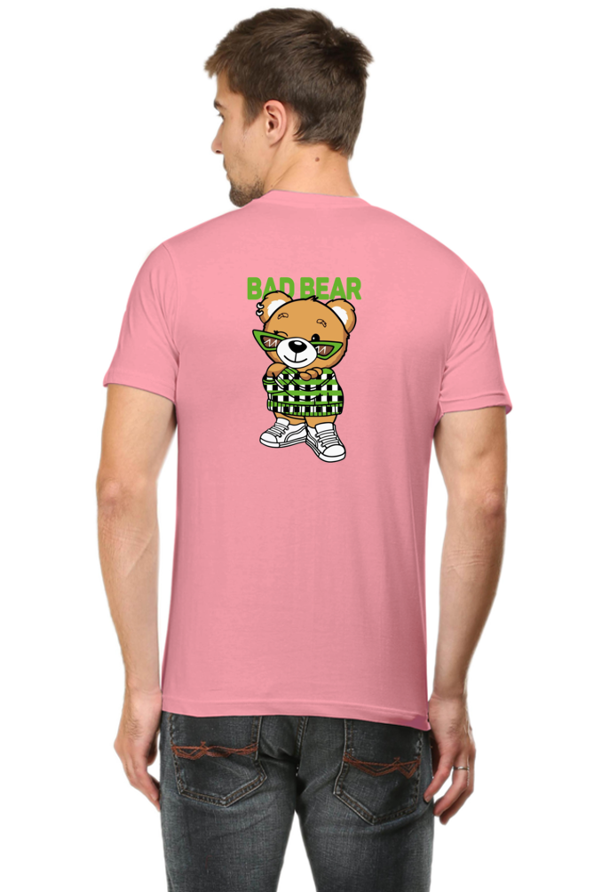 flamingo tshirt with a design of bear with bad bear written at the back of the tshirt