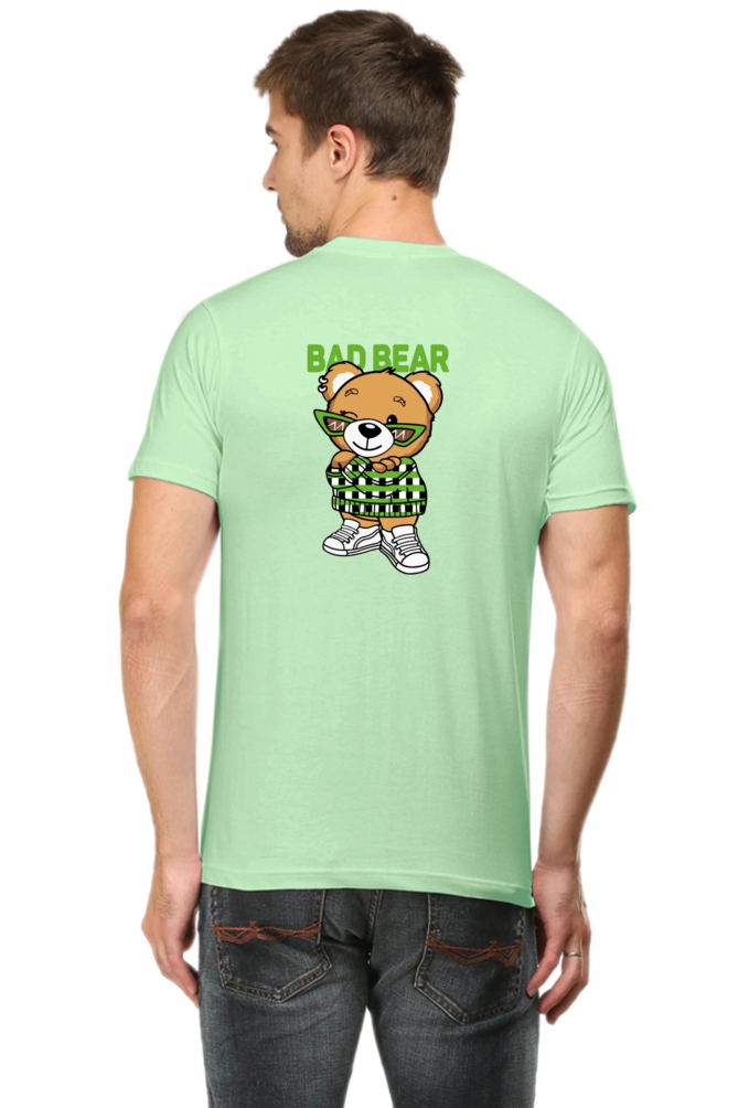 jade tshirt with a design of bear with bad bear written at the back of the tshirt