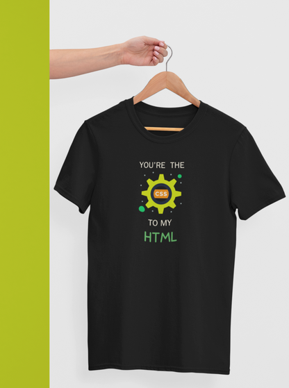 black unisex tshirt for coding lovers with text 'you're the css to my html' written on the front