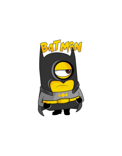 design of white tshirt with a minion dress as batman and batmin written in yellow