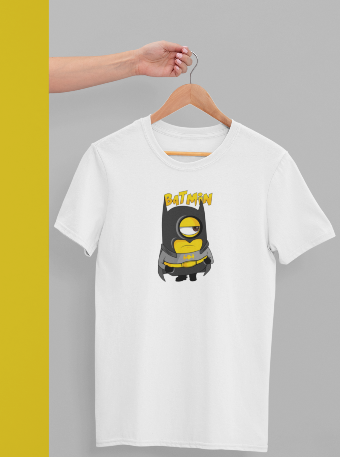 white tshirt with a minion dress as batman and batmin written in yellow