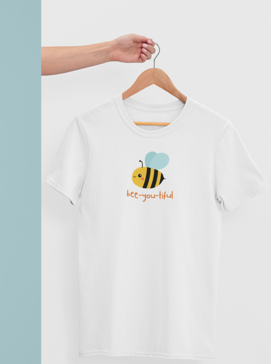 white tshirt with a design of bee with bee-you-tiful written on it