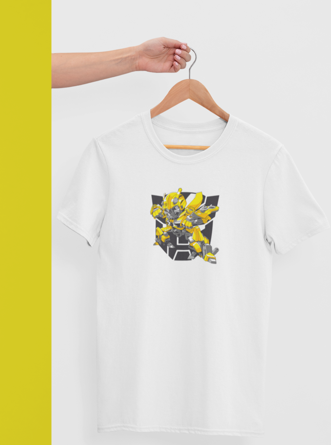 white tshirt with transformer bumble bee design