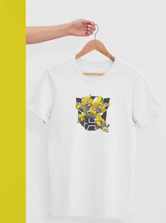 white tshirt with transformer bumble bee design