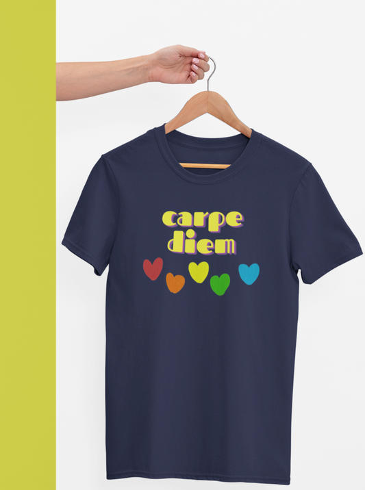 navy blue tshirt with quote 'carpe diem' written in yellow