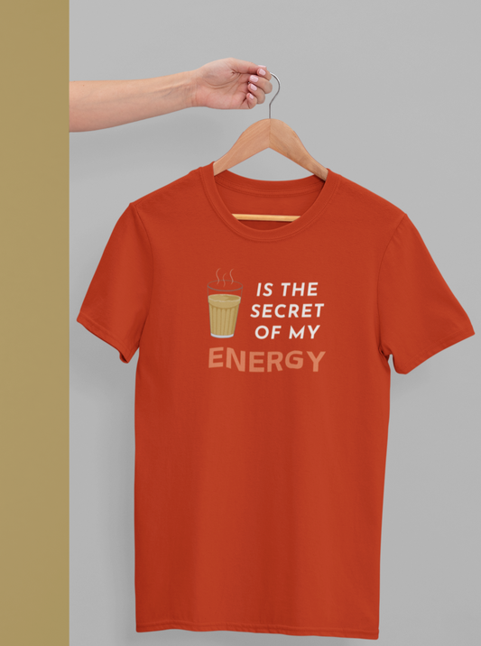 cute red unisex tshirt with text 'chai is the secret of my energy' in white and orange with image of chai glass