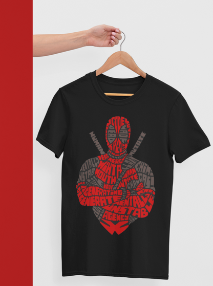 black tshirt with deadpool image on the front