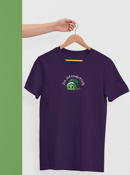 cute unisex purple tshirt with text 'im introverting' in white and cute turtle image