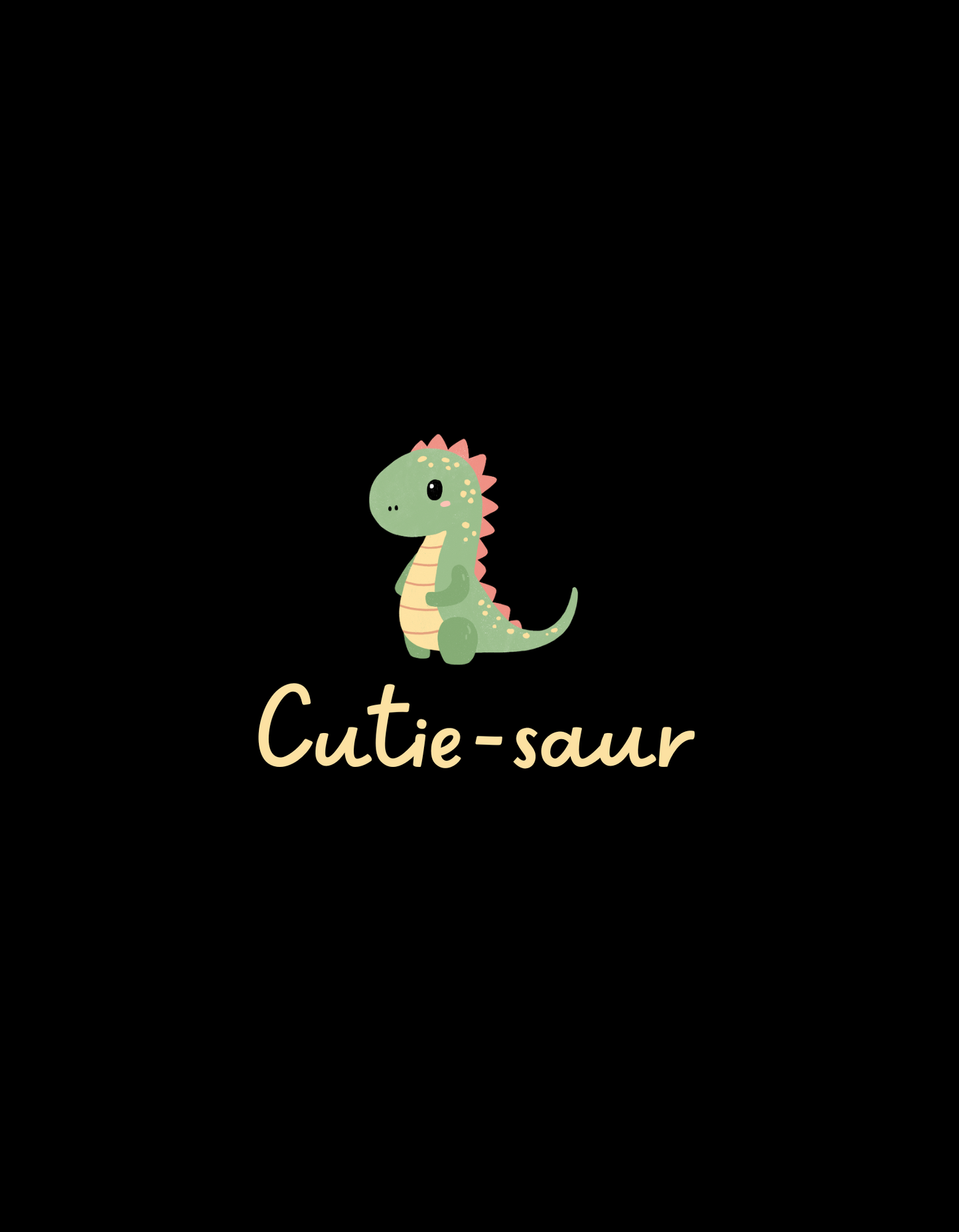 design of black cute shirt with text 'cutie-saur' written and an image of cute dinosaur