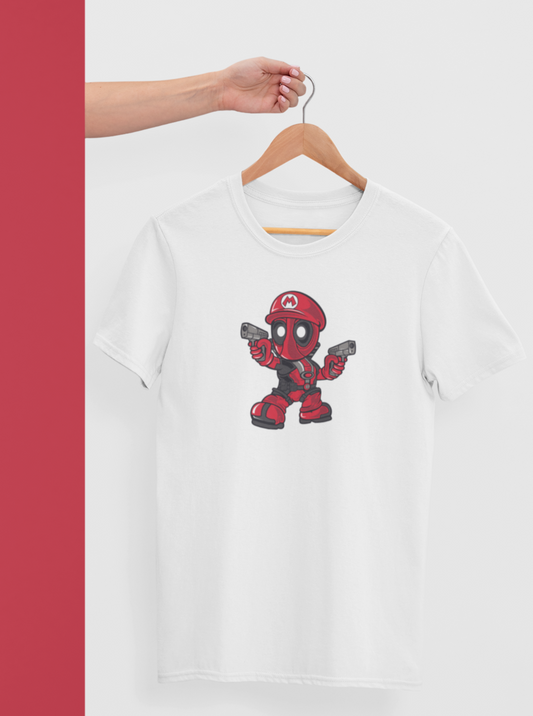 white tshirt with cute little deadpool with guns in hand