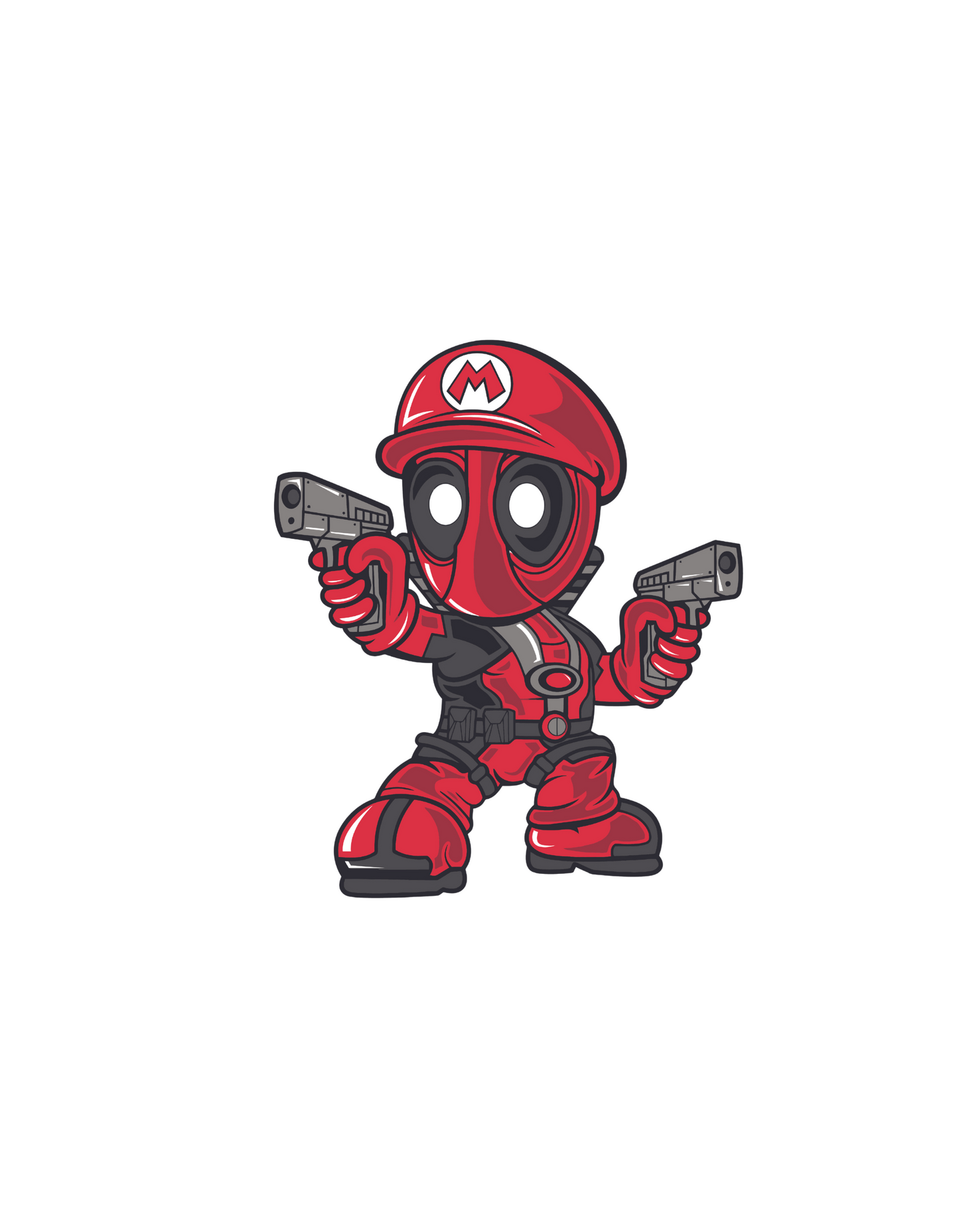 design of white tshirt with cute little deadpool with guns in hand