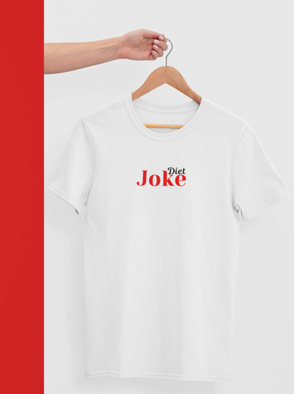 funny white tshirt with text 'diet joke' in black and red color