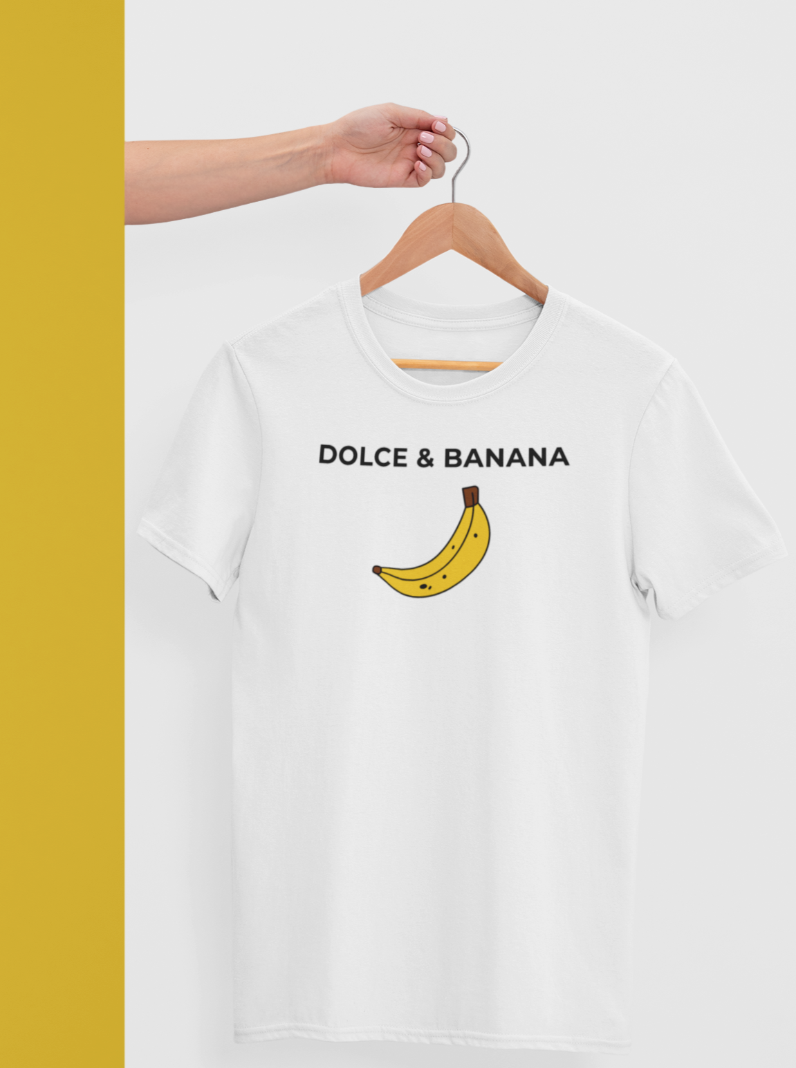 funny white tshirt with text 'dolce and banana' in black with banana image