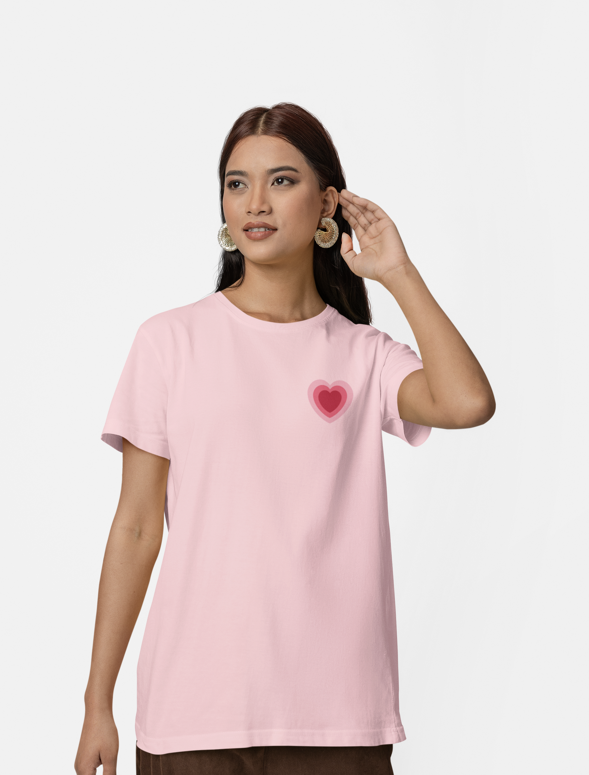 pink cute tshirt with heart image on the front left pocket